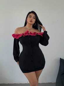 Allurite Camisa de manga larga con volantes en el bajo, estilo minimalista versátil casual para tallas grandes, de hombros descubiertos, en color blanco