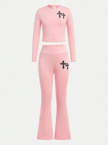 SHEIN SLAYR Tween Girl Tween Girl 休闲街头风格纯色圆领长袖针织套装（母女配套服装，2 套单独出售） - 粉色 - 查看 2