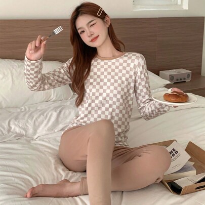 Checkerboard Patchwork Thermal Lined Fitted Pajama Set,Fleece Lined Fall,Winter