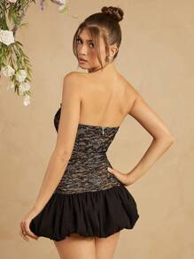 L'Amorae Lace Bodycon Contrast Bubble Hem Bow Tie Detail - Black - View 4
