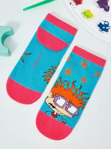 Nick 90s X SHEIN 3pairs Women's Cartoon Character Color Block Ankle Socks