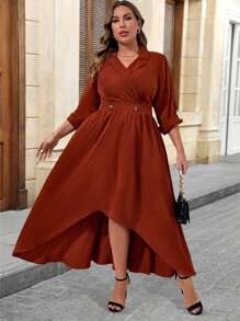 SHEIN Unity 大码女式收腰不对称下摆长袖秋季连衣裙 - 紅木色 - 查看 1