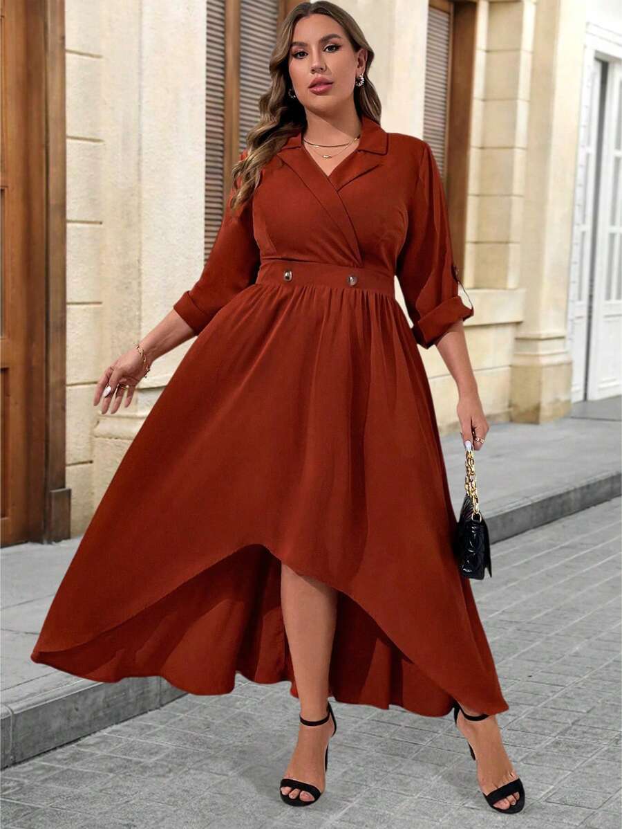 SHEIN Unity 大码女式收腰不对称下摆长袖秋季连衣裙 - 紅木色 - 查看 1