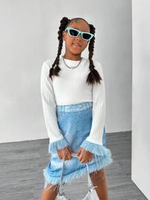 SHEIN 2pcs/Set Tween Girls Blue Furry Splicing Sleeve White T-Shirt & Denim Effect Print Skirt Street Fashion Outfit - White - View 5