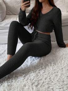 EMERY ROSE 2pcs Set: Solid V-Neck Long Sleeve Minimalist Sweater And Front-Tie Pants Fall Winter Cloth For Women - Black - View 1