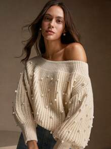Anewsta Women's Elegant Handmade Beaded Shoulder Lantern Sleeve Sweater, Autumn/Winter