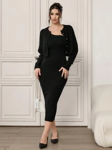 Modelyn 2pcs Women's Solid Color Front Button Shirt And Asymmetric Sleeveless Dress Set 2 Pieces Set - Black - View 8