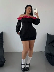 Allurite Camisa de manga larga con volantes en el bajo, estilo minimalista versátil casual para tallas grandes, de hombros descubiertos, en color blanco