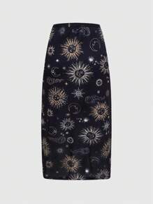 ROMWE Hippie Sun, Moon & Star Embroidered Slit Skirt - Black - View 4