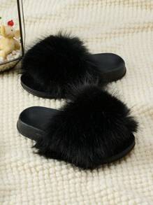 Girls Comfortable & Fashionable Plush Slippers, Summer - Black - View 1