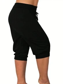 SHEIN LUNE Plus Size Solid Color Casual Pants For Spring And Summer - Black - View 4