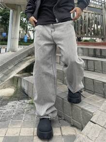 Claim Dot Men Loose Casual Versatile Wide-Leg Denim Pants - Light Grey - View 7