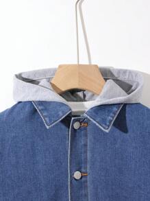 SHEIN Jaqueta jeans azul de comprimento médio para meninos adolescentes, roupas casuais cinza de malha com capuz e patchwork, para meninos adolescentes, roupas de outono e inverno