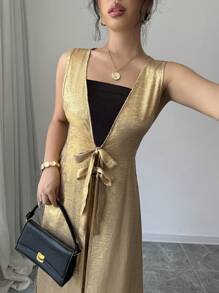 Chiquease 女式无袖前系带短款上衣和裤子套装，适合新年节日聚会服装 - 金色 - 查看 5