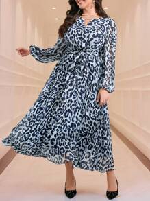 Modelyn 大码女式休闲简约日常阿拉伯服装，带有随机印花/豹纹长款晚礼服