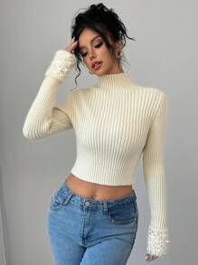 Chiquease Women's Solid Color Stand Collar Long Sleeve Patchwork Ruffled Hem Fitted Pullover Sweater, Autumn/Winter