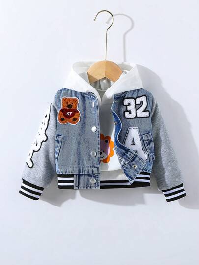 SHEIN Playful Pals 男婴街头时尚休闲牛仔布拼布针织夹克，带刺绣拼布和罗纹袖口