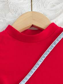 SHEIN Baby Girl Casual Solid Color Collar Top & Slogan Heart Printed Ripped Jeans Set, Spring Summer - Red - View 8