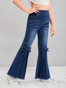 SHEIN Tween Girls Y2K 坏蛋风格复古时尚街头小猫胡须细节流苏下摆蝴蝶结装饰五口袋松紧腰喇叭牛仔裤，百搭时尚牛仔单品，适合全年穿着 - 深色水洗藍 - 查看 3