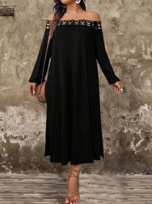 SHEIN LUNE Vestido de manga larga con escote con abertura, unicolor, aplicación de encaje y abertura lateral para talla grande - Negro - Ver 7