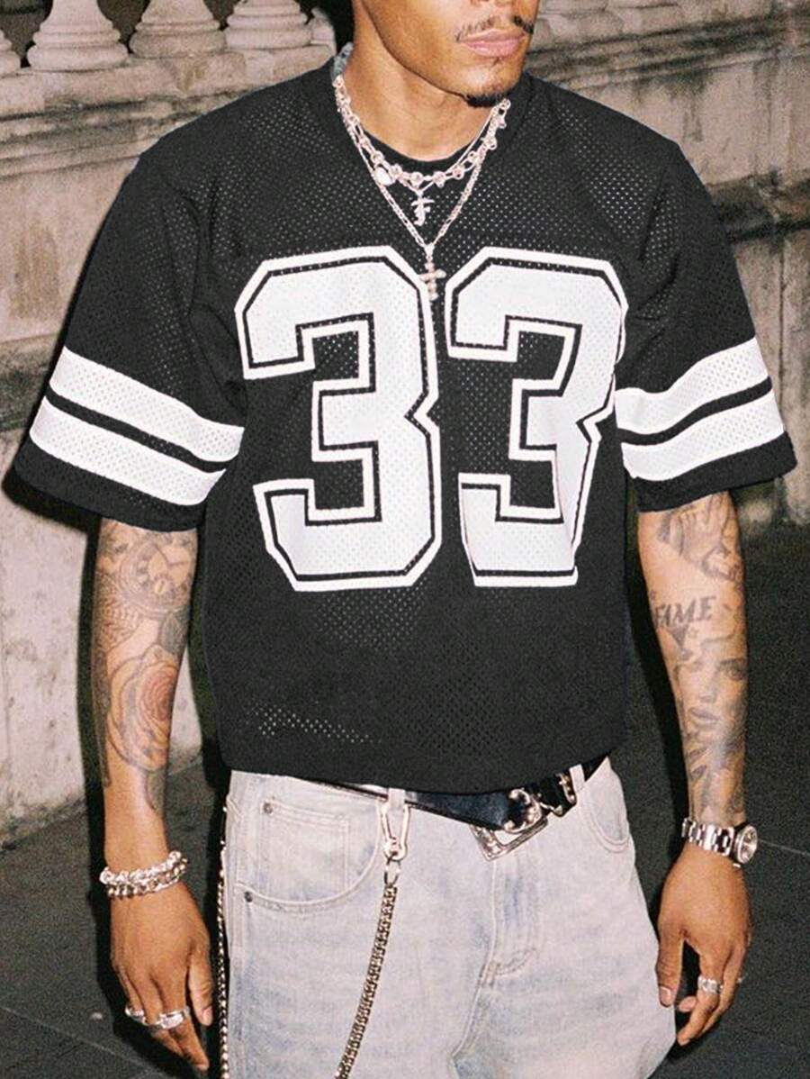 Manfinity Dauomo 男士夏季数字印花圆领短袖休闲 T 恤 - 黑色 - 查看 1