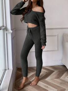 EMERY ROSE 2pcs Set: Solid V-Neck Long Sleeve Minimalist Sweater And Front-Tie Pants Fall Winter Cloth For Women - Black - View 4