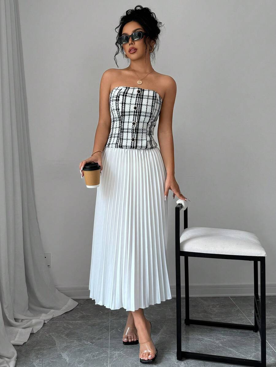 Chiquease Women's Solid Color Patchwork Front Button Camisole Casual Elegant Dress - White - View 1