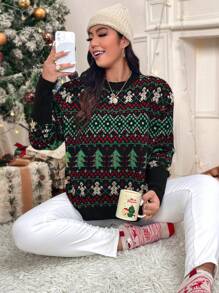 SHEIN LUNE Plus Size Ribbed Stripe Pocket Button Front Casual Woman Sweater For Christmas,Holiday Outfits,Country Tops