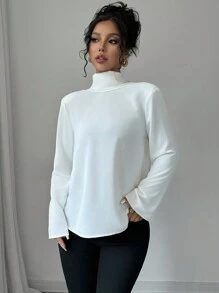 Elenzga 女士优雅纯色落肩长袖修身衬衫，秋季，露背上衣 - 白色 - 查看 6