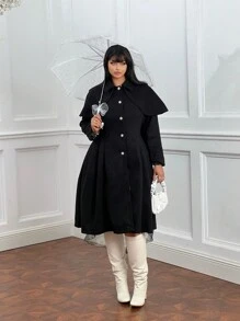 Lyrianda Plus Size Women Winter Solid Color Single Breasted Long Sleeve Patchwork Ruffle Hem Elegant Coat Fall Cloth For Women - Black - View 5