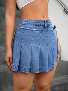 SHEIN Essnce Women's Side-Tie Pleated Denim Mini Skirt - Medium Wash - View 6
