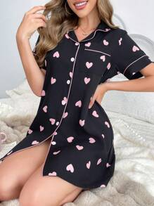 Snug Zone Contrast Color Trim Heart Print Lapel Cardigan Women Nightgown - Pink - View 4