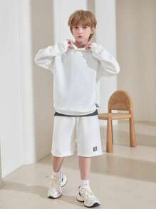SHEIN Tween Boy Letter Patched Detail Hoodie & Shorts - White - View 6