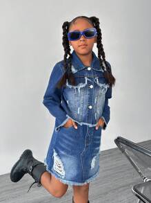 SHEIN Explorewe Tween Girls Long Sleeve Top And Denim Skirt 2-Piece Set - Medium Wash - View 1