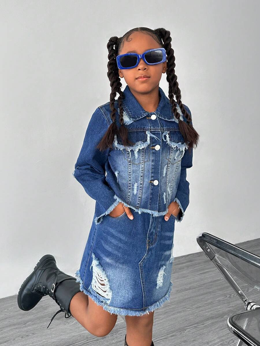 SHEIN Explorewe Tween Girls Long Sleeve Top And Denim Skirt 2-Piece Set - Medium Wash - View 1