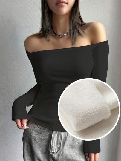 DAZY Femmes Haut Chaud en Polaire à Épaules Dénudées à Manches Longues et Couleur Unie Moulant, Doublure Thermique pour l'Automne et l'Hiver, Pyjama