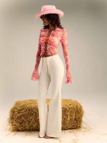 SHEIN Unity Double Belt Loop Detail Fitted Flared Trousers - White - View 6