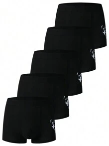 5pcs/Pack Men's Solid Color Printed Simple Casual Boxers - Black - View 4