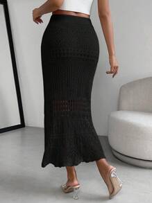 Almamuse Chân váy len rỗng màu trơn thường ngày - màu đen - Xem 2