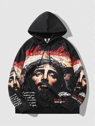 Street Life Men's Fashion Streetwear Figure Slogan Print Hoodie