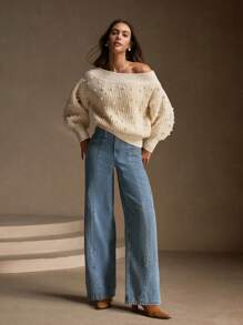 Anewsta Women's Elegant Handmade Beaded Shoulder Lantern Sleeve Sweater, Autumn/Winter