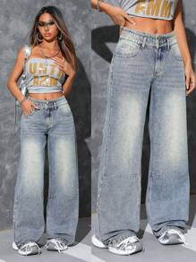SHEIN ICON Women's Pocket Loose Wide-Leg Casual Versatile Denim Pants - Light Wash - View 7