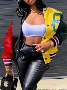 INAWLY 大码彩色块字母印花休闲夹克，秋季