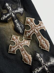 ROMWE J-Fashion Jeans de pierna acampanada con cintura súper baja y bordado retro de cruz y letras para mujer