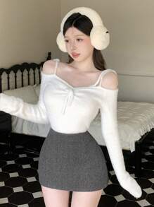 DAZY 女士纯色休闲修身优雅半身裙，秋冬女装半身裙 - 深灰色 - 查看 3