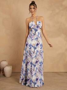 L'Amorae 女士全印花露背休闲度假无袖连衣裙 - 紫色 - 查看 6