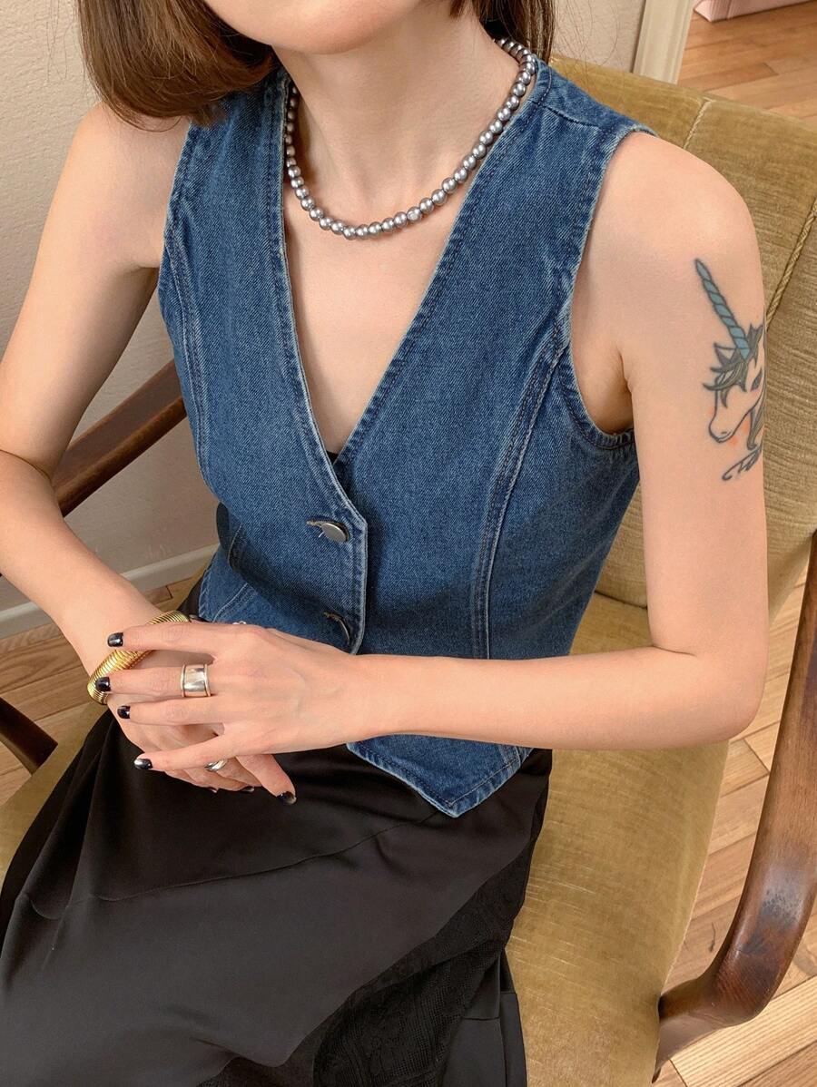 DAZY 女士修身牛仔短款上衣 - 中等水洗藍 - 查看 1