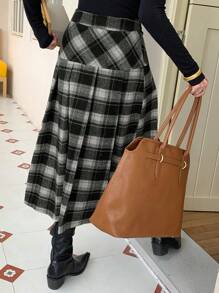 DAZY Damen Metalldekor Schwarz Karomuster Rock, Lässig & Alltäglicher Trage für Herbst,Winter - Schwarz und Weiss - Übersicht 5