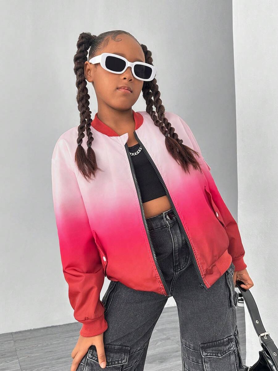 SHEIN Explorewe 1 件 Tween 女童时尚渐变色拉链夹克，秋冬季