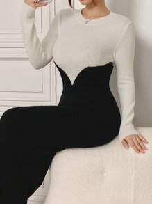 Modelyn Dames Herfst Elegante Colorblock Splice Getailleerde Trui Jurk